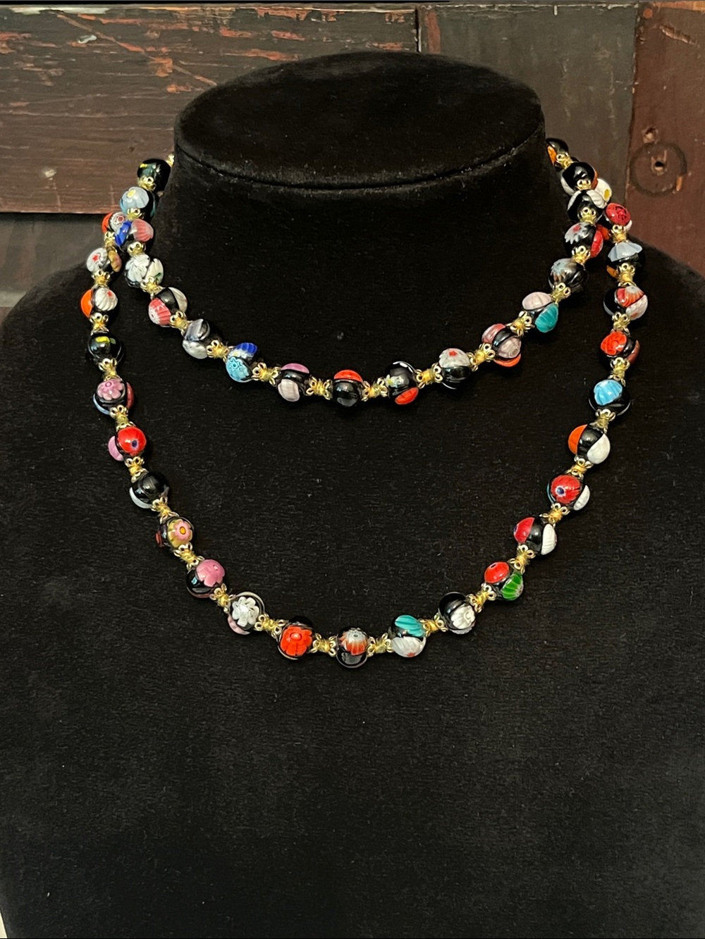 Murano Millefiori Glass Floral Bright Multicolored Long Necklace Vintage